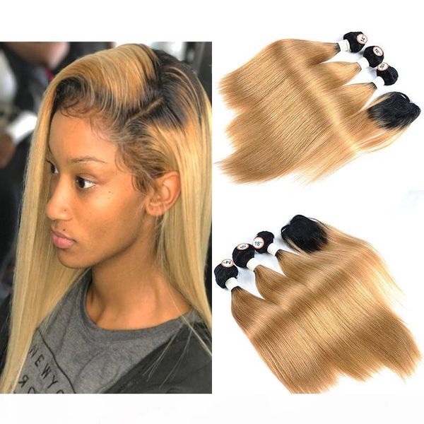

new hairstyle ombre colored human hair 3 bundles with lace closure straight 1b 27 ombre honey blonde total weight 190-235g lot, Black;brown