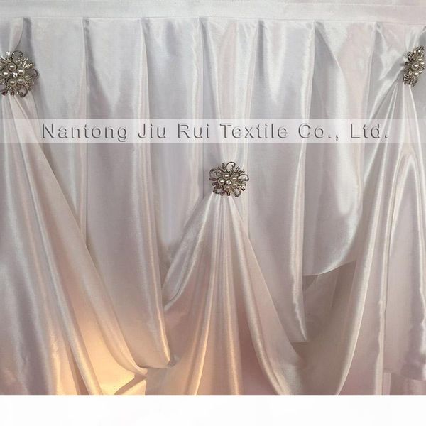 

1 piece 10ft l * 30 inch h new design ice silk table skirting table skirt with diamond pearl brooch for wedding decor