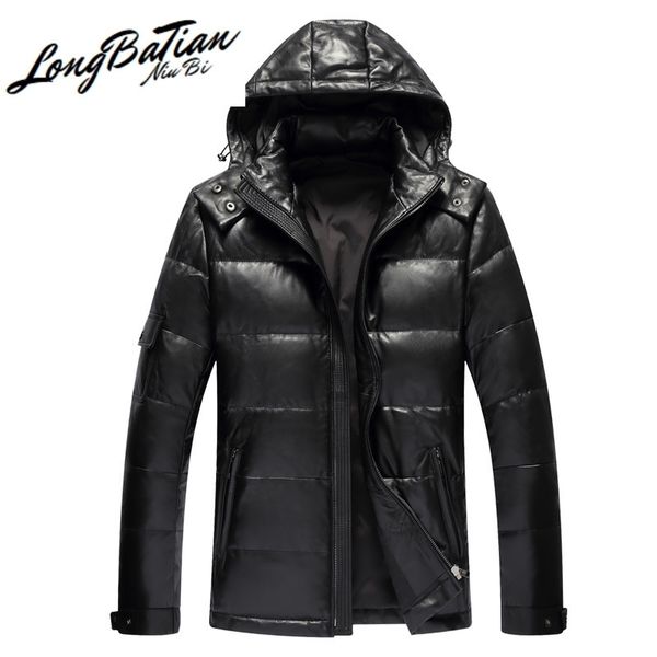 

winter men men's down jacket real sheepskin leather jackets hooded thick coat mens clothing jaqueta lxr387 201114, Black