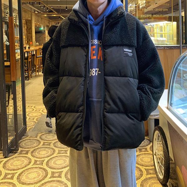 

men lamb wool stitching down jacket thick warm 2020 winter mens casual parkas windproof zipper outwear overcoat cotton-padded, Black
