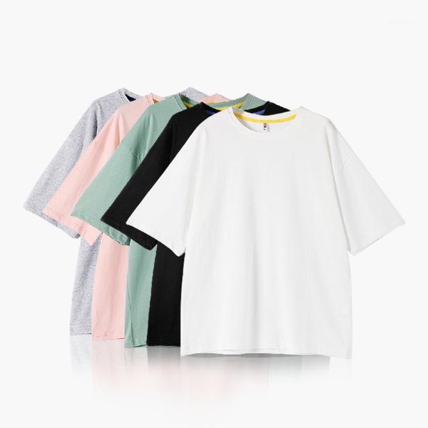 

100% cotton short sleeve women's white t-shirt solid loose couple casual elastic base tees summer fashion o-neck streetwear new1