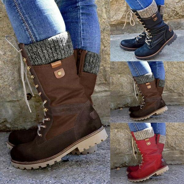 

women's flat lace up mid calf boots ladies biker riding winter warm shoes xin-shipping1, Black
