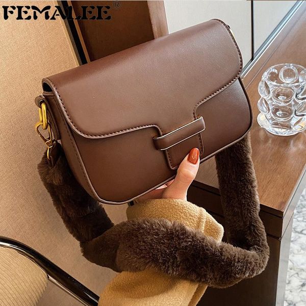 

shoulder bags luxury women's bag solid color plush handle flap handbags fashion faux fur square vintage crossbody tote purse sac