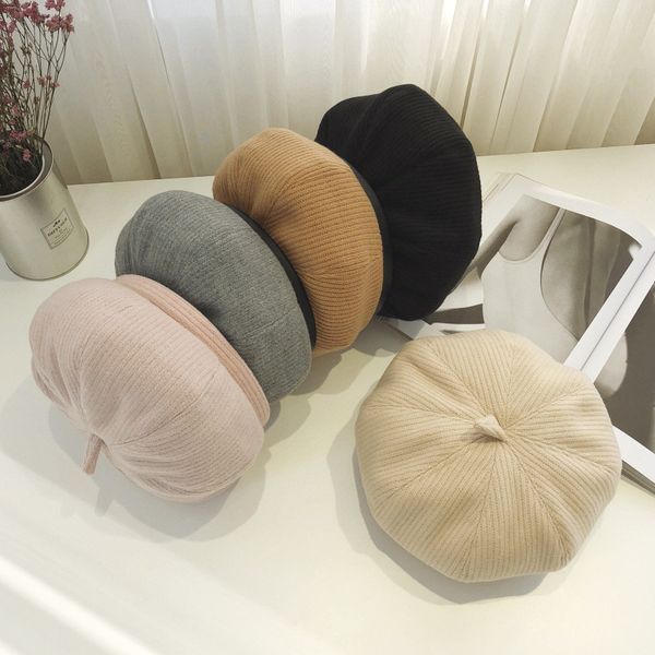 

women's autumn winter korean art knitted octagonal chic versatile pumpkin hat fashion warm beret, Blue;gray