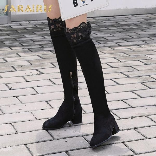 

sarairis 2020 square heels zip up solid shoes woman boots female concise ruffle over the knee boots ladies shoes1, Black