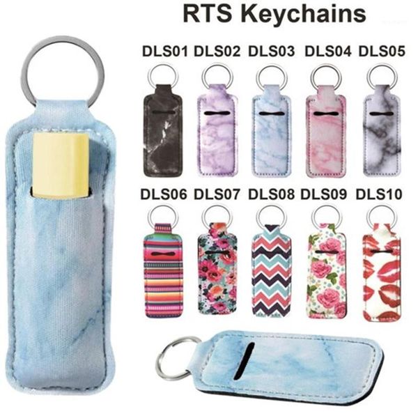 

party favor 2pcs marble color neoprene chapstick holder handy lip keychains lipstick keychain pouch1