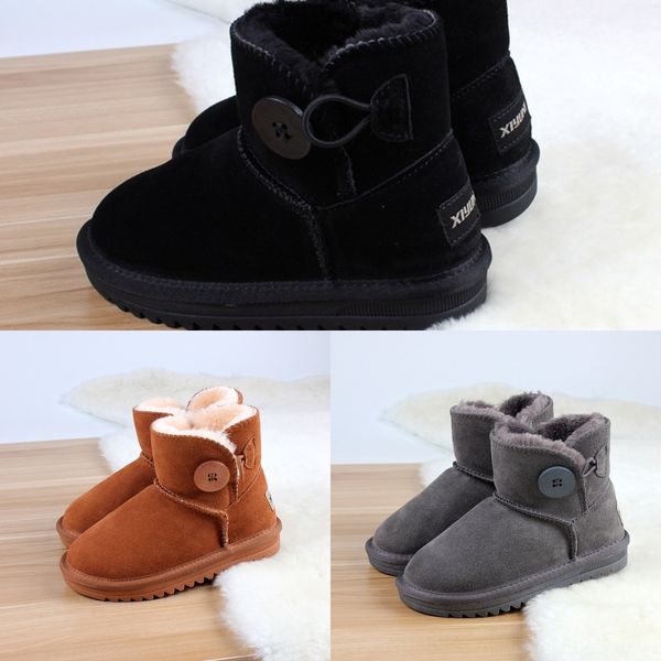 

fjjo kidsankle boots warm winter fur lined bovver laces lace-up girls waterproof non-slip boy synthetic leather snow shoes, Black;grey