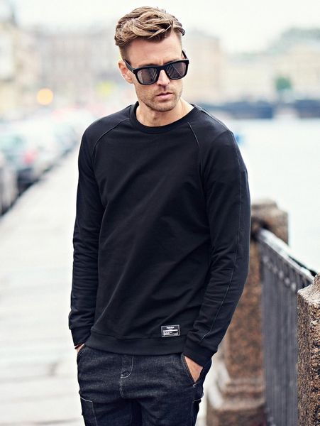 

men patched detail raglan sleeve pullover 594g#, Black