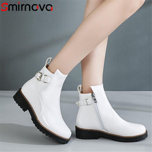 

Smirnova 2020 new arrive ankle boots women round toe zip autumn winter boots buckle med heels ladies motorcycles women, Black
