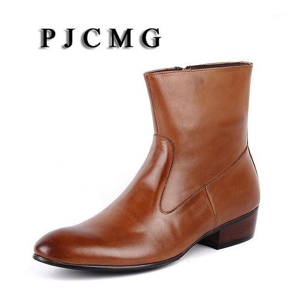 

pjcmg new autumn/winter genuine leather pointed toe cowhide men's brogue wedding office ankle slip-on footwear hombre boots1, Black