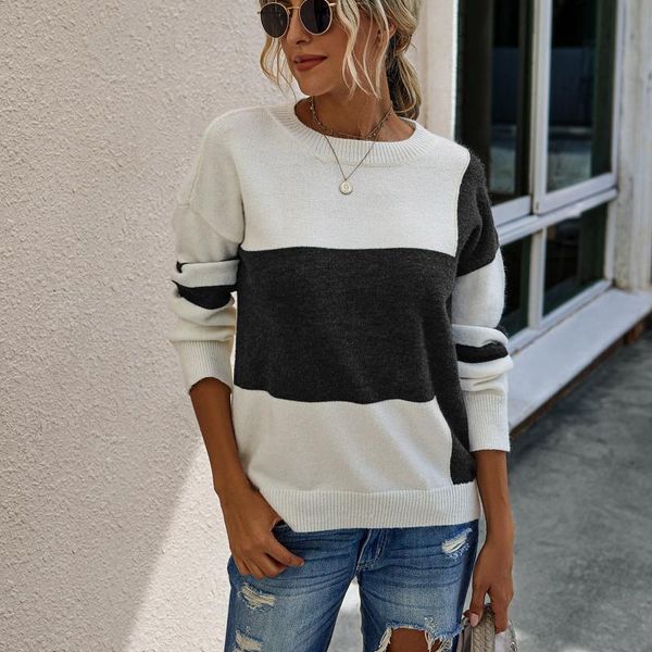 

women splicing fashion long-sleeved striped round neck autumn winter sweater comfortable mujer suéteres, White;black