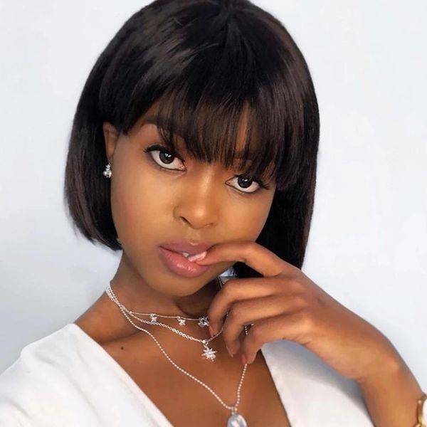 

straight bob wig with bangs human hair full lace wigs for women pre plucked indian hair wigs natural hairline, Black;brown