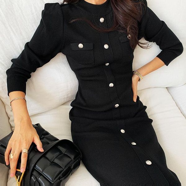 

ewq]2020 winter jumper female casual round neck black single breasted skinny over knee minimalist knit sweater dress 8q283, Black;gray