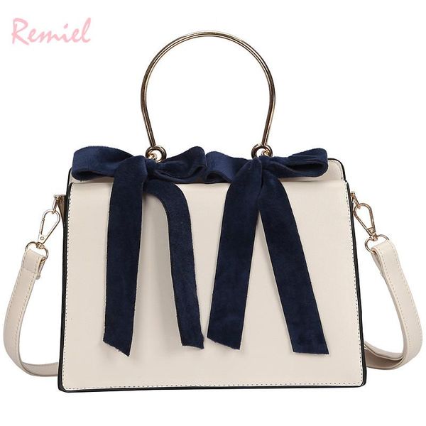 

simple fashion female metal ring tote bag 2021 new quality pu leather women's designer handbag ribbon bow shoulder messenger bag