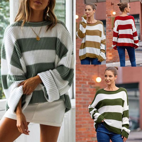 

knitted sweater pullover o neck striped long sleeves women autumn winter fashion casual chic soft, White;black