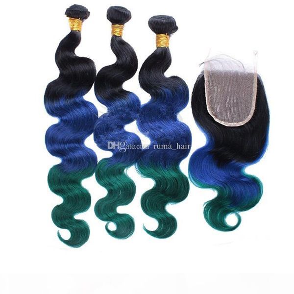 

t 1b blue green body wave hair bundles with lace closure human hair weaves with lace closure ombre unprocess hair, Black;brown