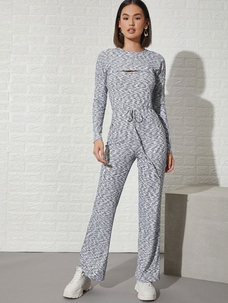 

marled knit knot front jumpsuit 21lb#, White