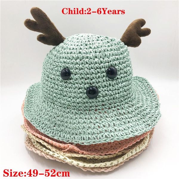 

child girl summer beach hat sun protection ins style kawaii cute antler basin sweet straw foldable hat female casual cap holiday1, Blue;gray