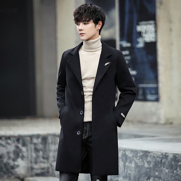 

men's new autumn winter windbreaker slim fit medium and long korean woolen coat, Tan;black