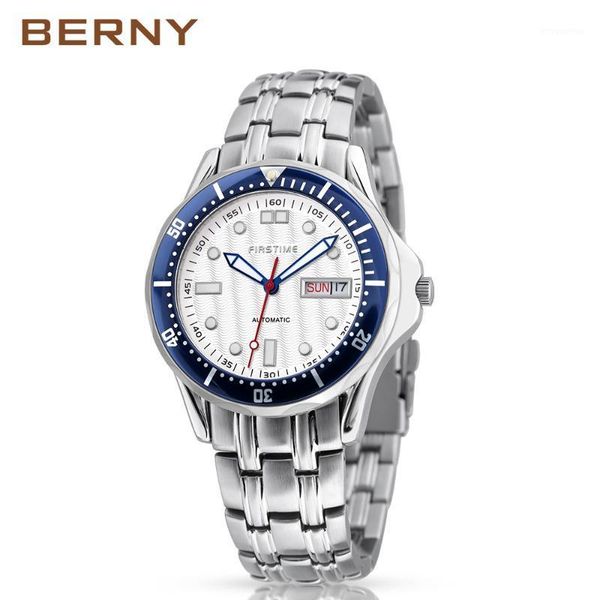 

men watch automatic mechanical luminous hands stainless steel case strap sapphire coating watches relogio mecanico gift 7097m1, Slivery;brown
