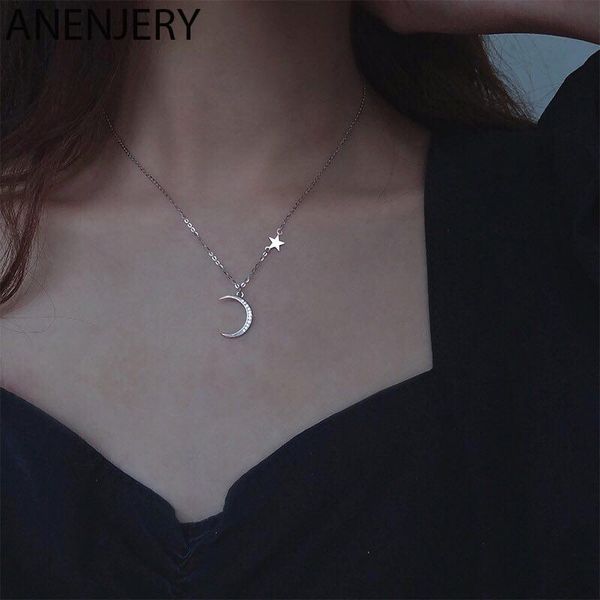 

anenjery trendy elegant moon star necklace for women bride jewelry clavicle chain birthday gift s-n679, Silver