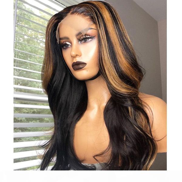 

26inch wavy peruvian full lace hilghlights 360 lace frontal human hair wigs with bleached knots glueless 13x6 lace front wigs for women, Black