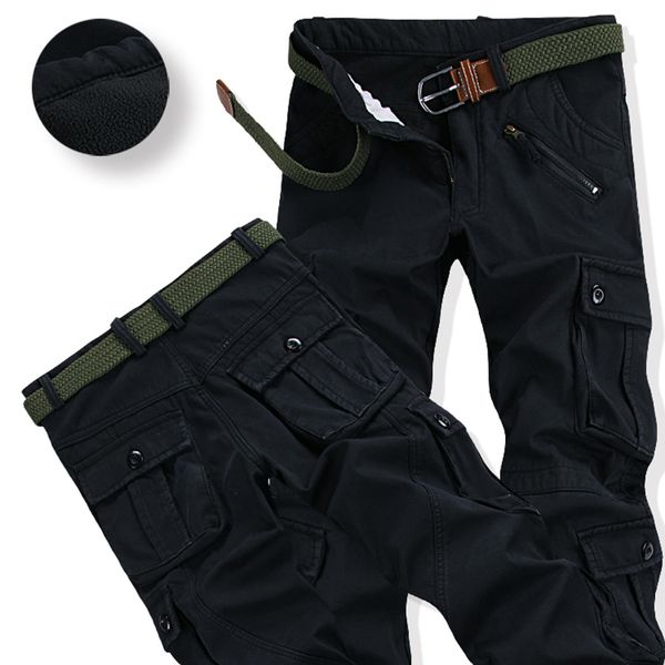 

winter thicken fleece army cargo tactical pants overalls men's military cotton casual trousers warm loose baggy joger pants lj201222, Black