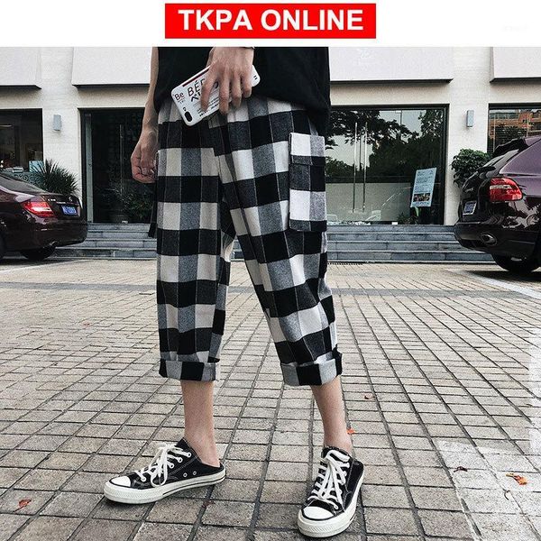 

men streetwear plaid joggers pants 2020 summer mens hip hop sweatpants male casual calf-length korean harem pants1, Black