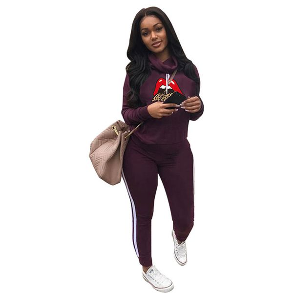 

женщины губ печать tracksuit высокий воротник толстовки + брюки спортивный костюм осень зима свитер брюки два кусочка нижнее одежда костюм f, White