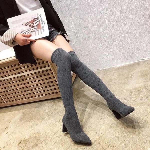 

2021 new elastic fabric solid woman on knee heels knit toe thin boots mujer size 34-39 eflf, Black
