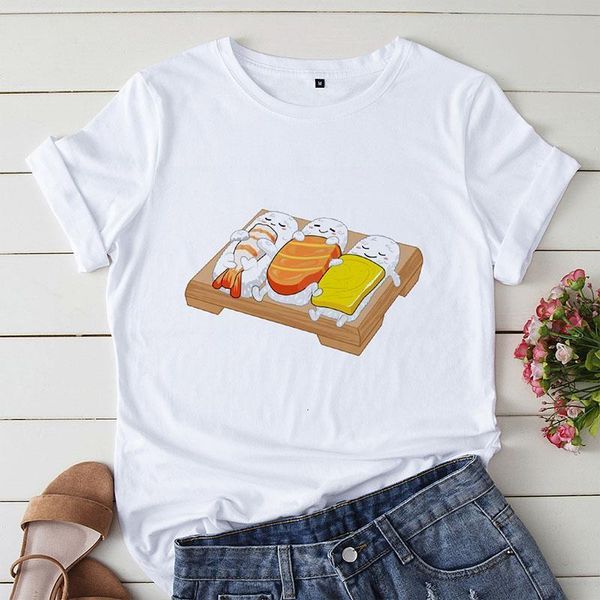 

2020 fashion women harajuku ullzang cute sushi cartoon printed t shirt casual short sleeve women's t-shirt soft female t shirt, White