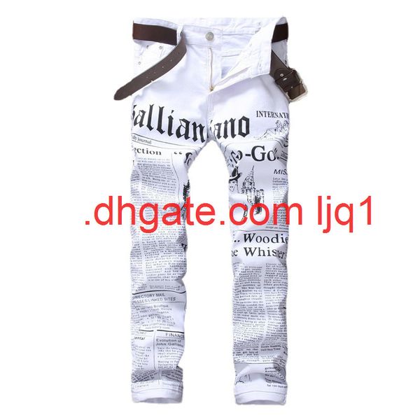 

new style men's jeans newspaper print hole men's slim small straight pants, Blue