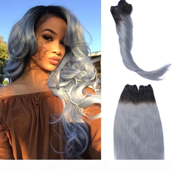 

full head clip in human hair extensions grey straight brazilian virgin hair ombre two tone color dark root to grey hair 120gram, Black