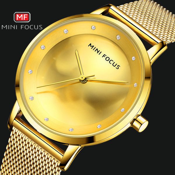 

minifocus creative luxury quartz watch ladies fashion simple diamond dail gold mesh bracelet dress casual waterproof clock, Slivery;brown
