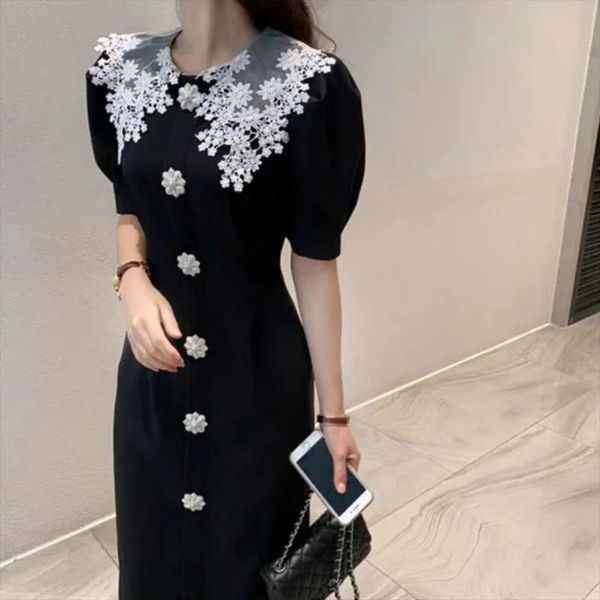 

black retro puff sleeve mid dresses women summer fashion lace o neck slim dress plus size s 2xl high street club dress, Black;gray
