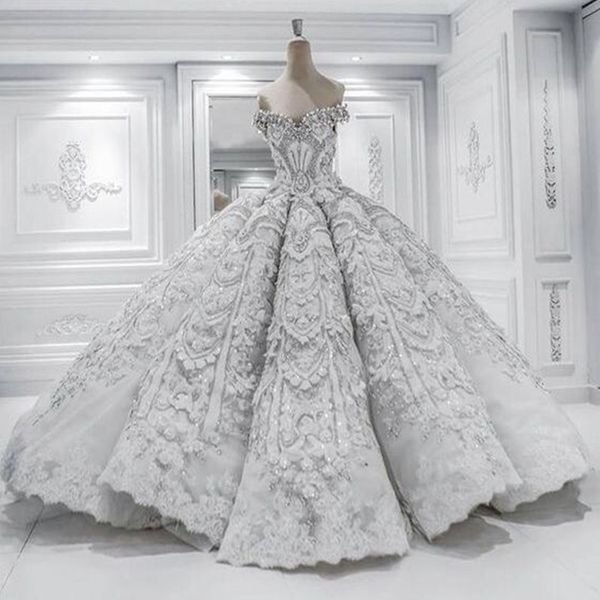 Robe de Mariage Princess Hochzeitskleid Luxuriöse Kapelle Zug Vestido de Novia Satin mit Perlen Ballkleid Brautkleider 2021