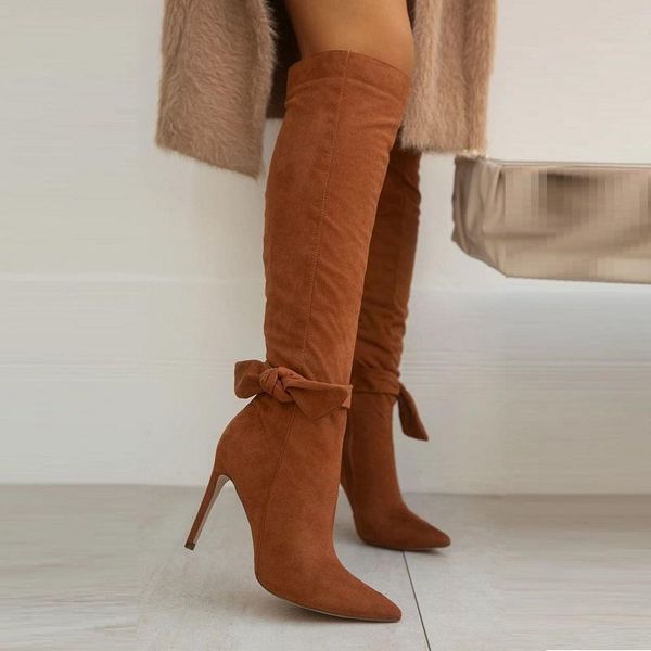 

boots women knee high heels pointed toe ladies shoes autumn winter zipper bowknot stiletto female long, Black