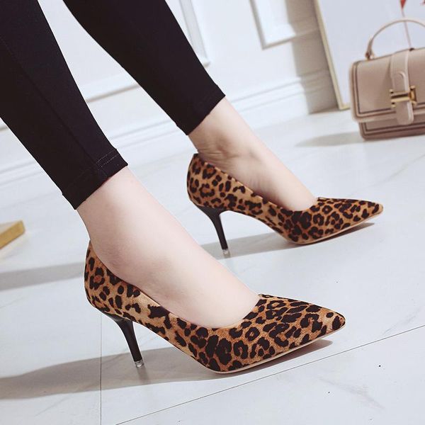

high heels leopard shoes women pumps office stiletto faux suede wedding party 2021 slip on sandals femme pumps, Black