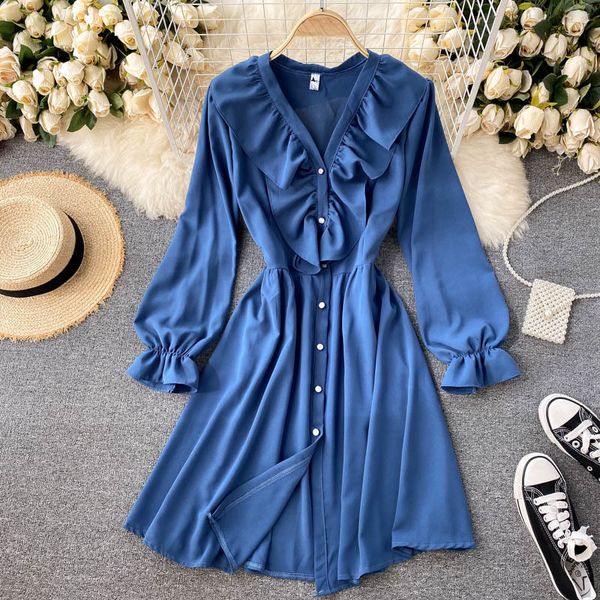 

2021 new female singer dress neck puff button the line elegant fall dressed solid style 4tku, Black;gray