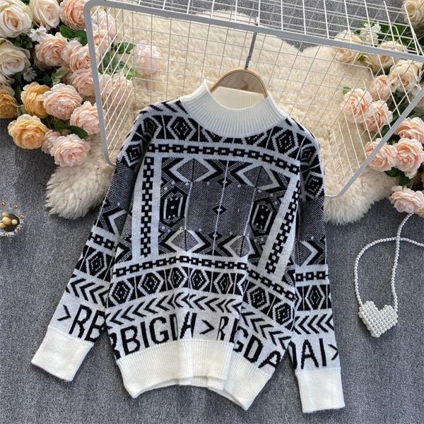 

geometric sweater turtleneck loose knitwear long sleeve women's jumpers pullovers for women h1211, White;black