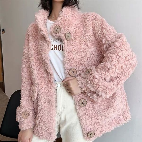 

faux sheep female shearing keep warm with thick compound fur lambs wool collar pink shearling coat 201215, Black