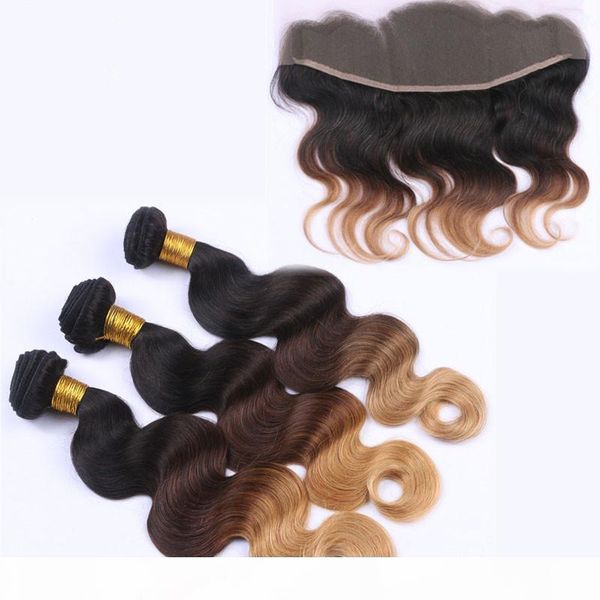 

brazilian ombre human hair weaves with closure body wave three tone 1b 4 27 honey blonde ombre 3bundles with 1pc 13x4 lace frontal, Black;brown