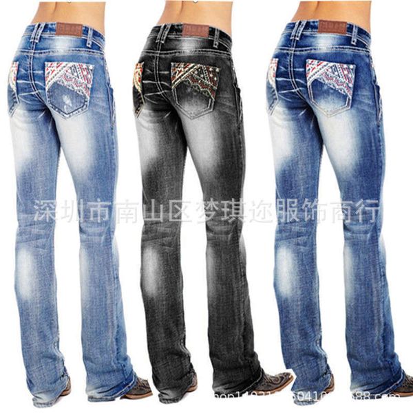 

2020 new selling women's washed national flag embroidery jeans pants original, Blue