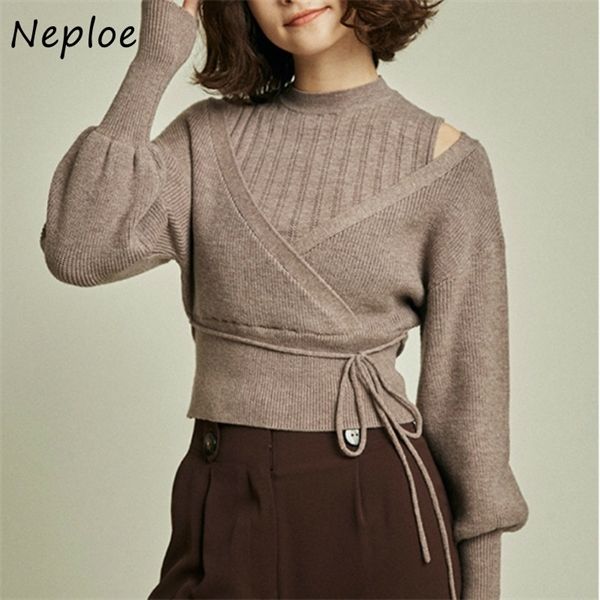 

neploe turtleneck drawstring puff sleeve knitted sweaters sweet loose shoulder strapless women autumn winter new pullovers c1121, White;black