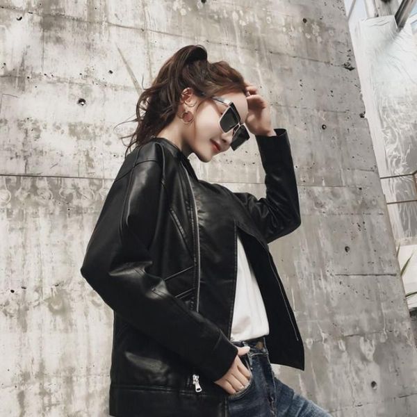 

women's leather & faux 2021 spring autumn short coat jacket loose korean girls cool casual motorcycle pu jackets n1026, Black
