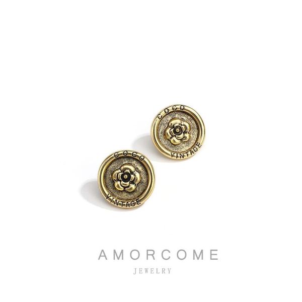 

amorcome vintage simple small round earrings camellia flower pattern matte gold stud earrings geometric jewelry pendenties 2020, Golden;silver