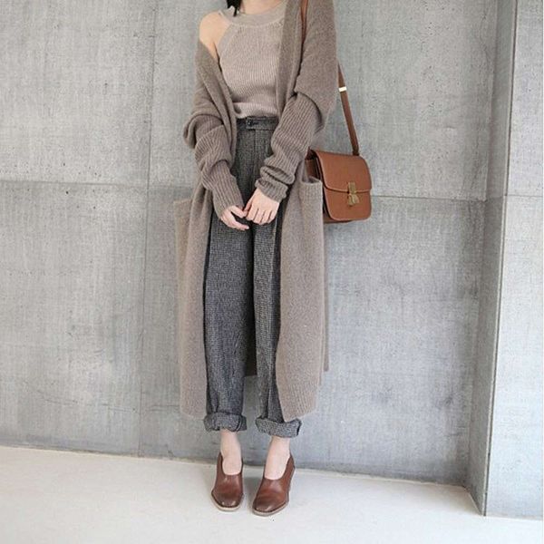 

autumn and winter new lazy style sweater knee length knitted cardigan women's solid loose coat, White;black