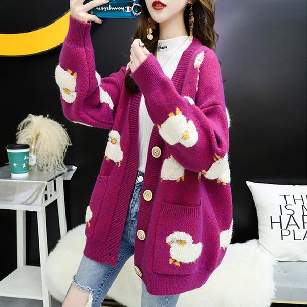 

women's knits & tees women cardigan sweater autumn winter fashion loose oversized full sleeve cartoon sheep knitted coat jacket female, White