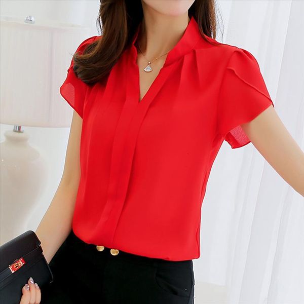 

summer women chiffon blouse short sleeve red ladies office ladies shirts plus size work plus size casul female clothing, White