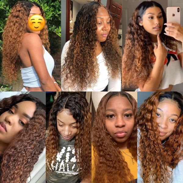 

13x4 curly human hair wig pre plucked with baby hair 150% 1b/brown wave color ombre lace front wigs glueless rem, Black;brown